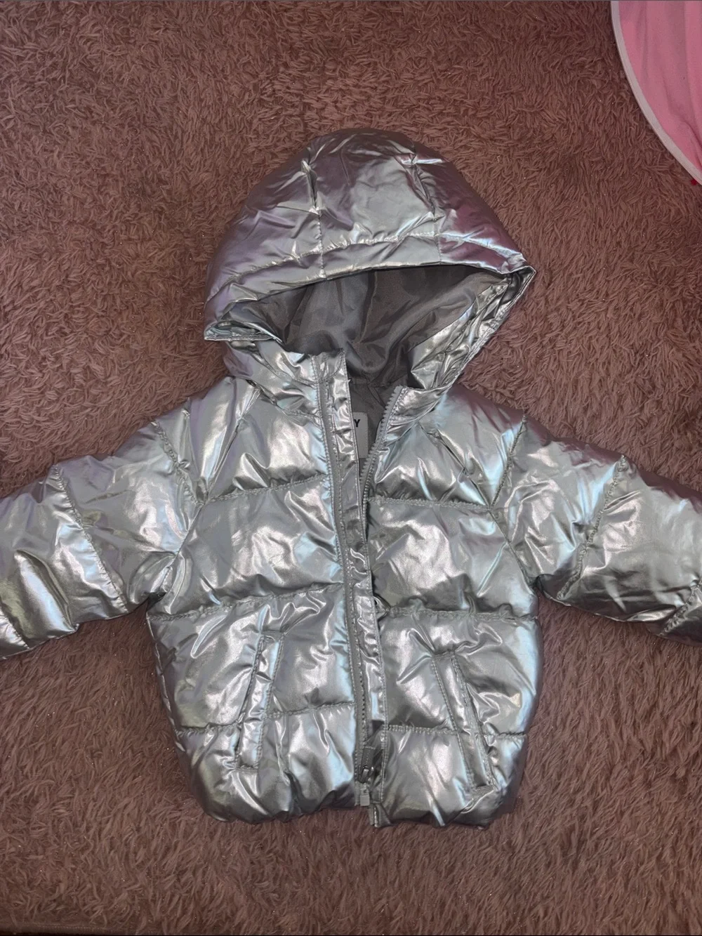 Old Navy Metallic Silver Puffer Jacket with Hood - baby 18-24 months